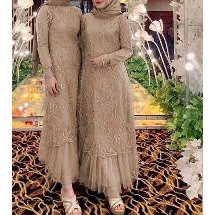 Gamis remaja motif tille mutiara lengan panjang - MX GERALDINE - XL - - coklat susu, M