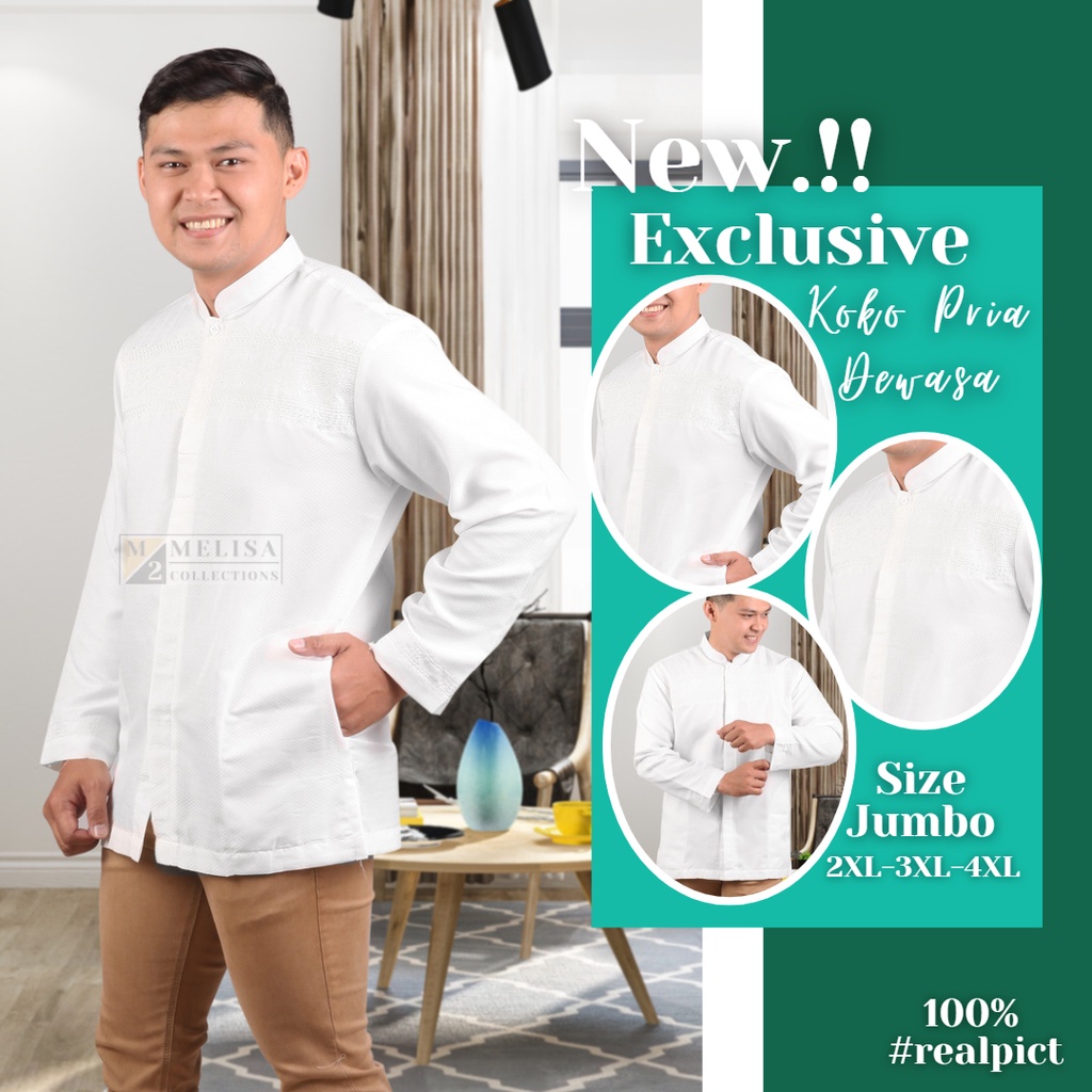 baju koko pria jumbo lengan panjang bahan poli katun warna putih tulang size 2XL 3XL 4XL