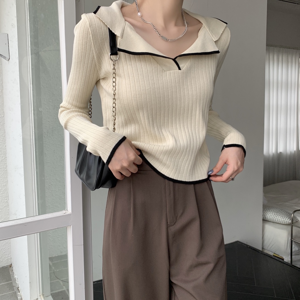 Korean Atasan Rajut Wanita Casual Style Polos Knit Top Lengan Panjang