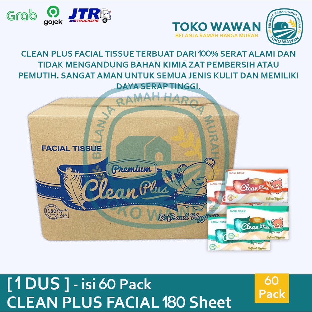 Tissue CLEAN PLUS Facial 180 Sheet / 1 DUS / KARTON isi 60 PACK / HARGA GROSIR