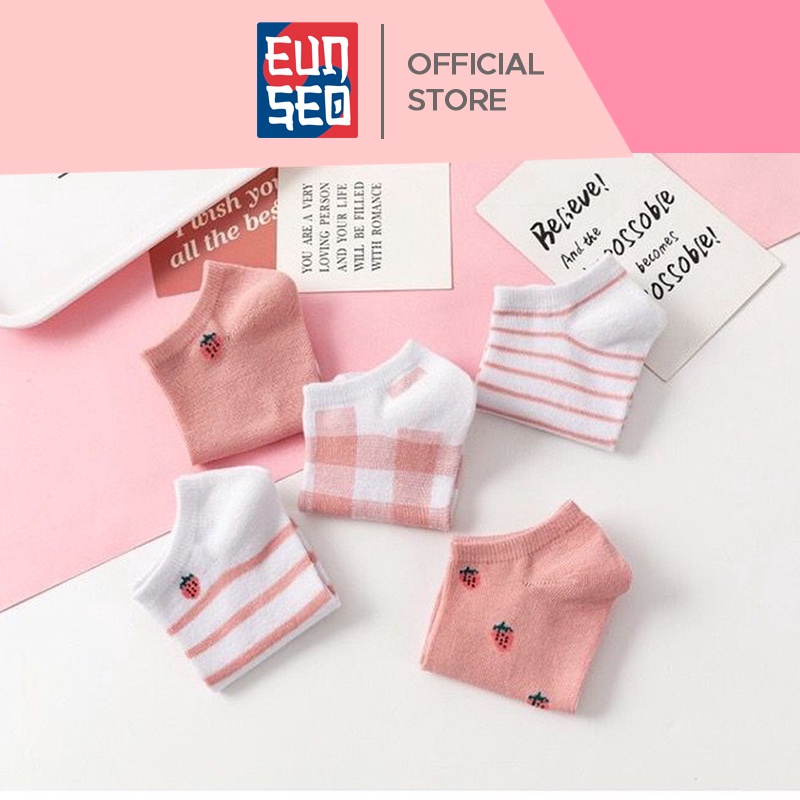 EUNSEO Kaos Kaki Ankle Cute Fashion Korea Motif Strawberry Garis Pink Kaos Kaki Pendek Import