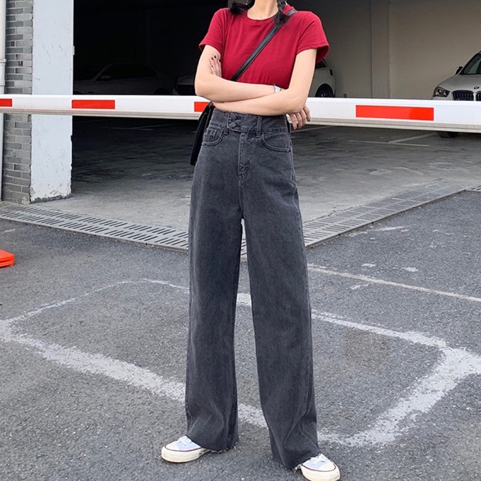 YAOSHI -Jeans Wanita Pinggang Tinggi - High waist Boyfriend Alecia Pinggang Tinggi Aplikasi Kancing Dua