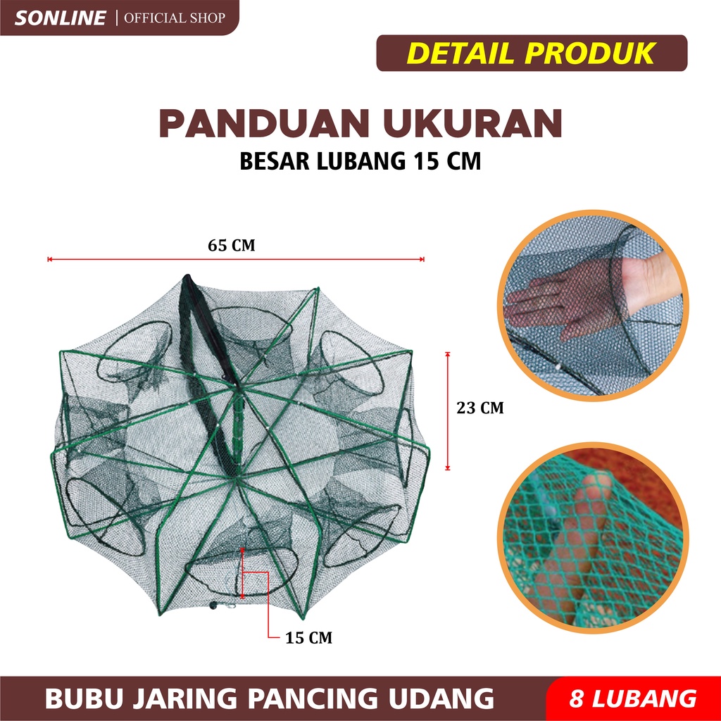 SONLINE Bubu Ikan Udang Jaring lubang Dilipat Portabel Hexagon Jaring ikan Udang Ikan Otomatis Perangkap Udang Ikan Mas Penangkap Kandang jaring 8 Lubang