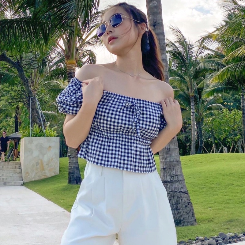 JANE CHECKERED CROP TOP KOREA - BLOUSE WANITA PREMIUM KOTAK KOTAK - KEMEJA PESTA - TOP BASIC MEWAH - ATASAN UNTUK KONDANGAN - TOP SEXY WARNA PASTEL FOR TRAVELING - HADIAH / KADO ULTAH UNTUK CEWEK