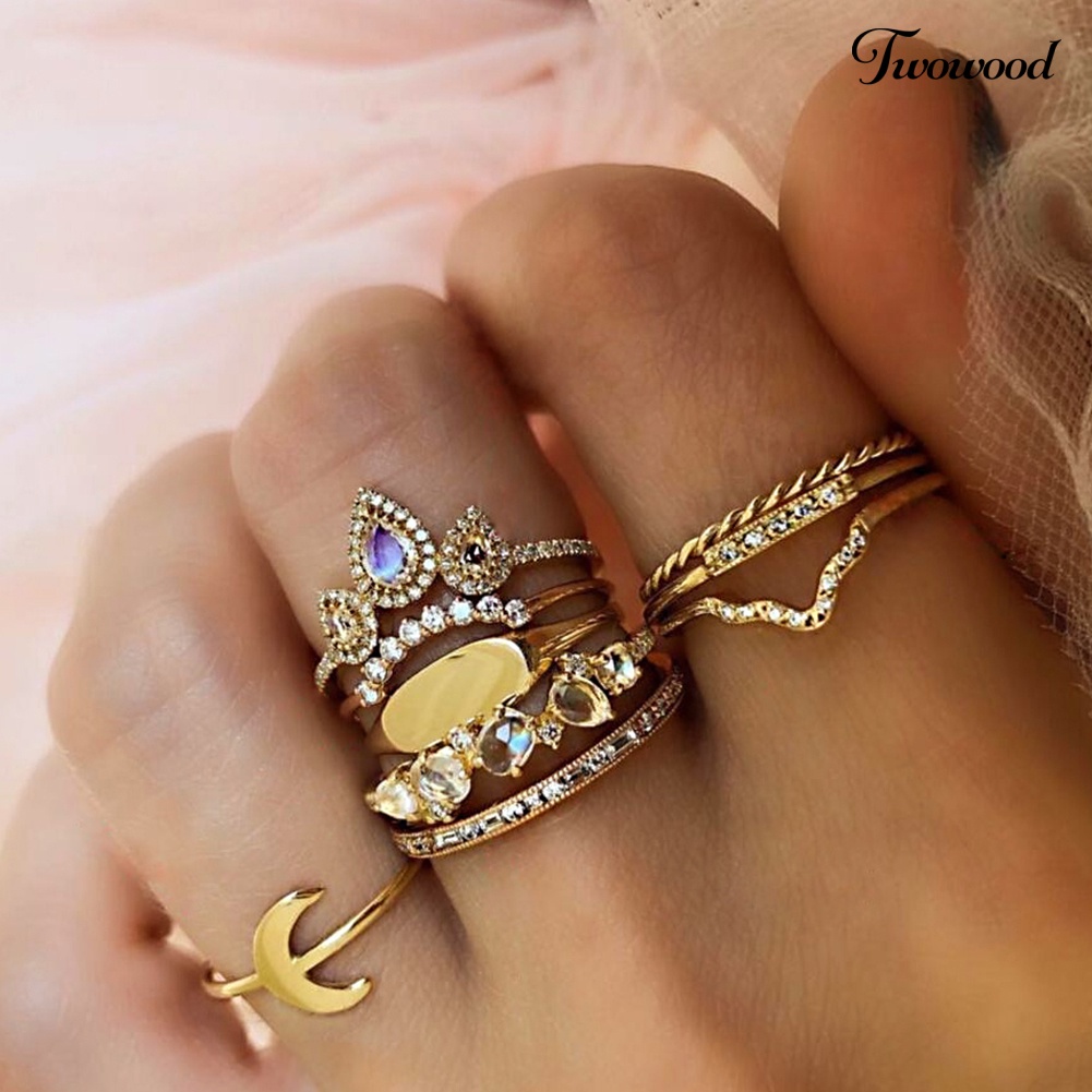 9pcs / Set Cincin Knuckle Midi Desain Mahkota Bulan Aksen Berlian Imitasi Gaya Bohemian Untuk Wanita