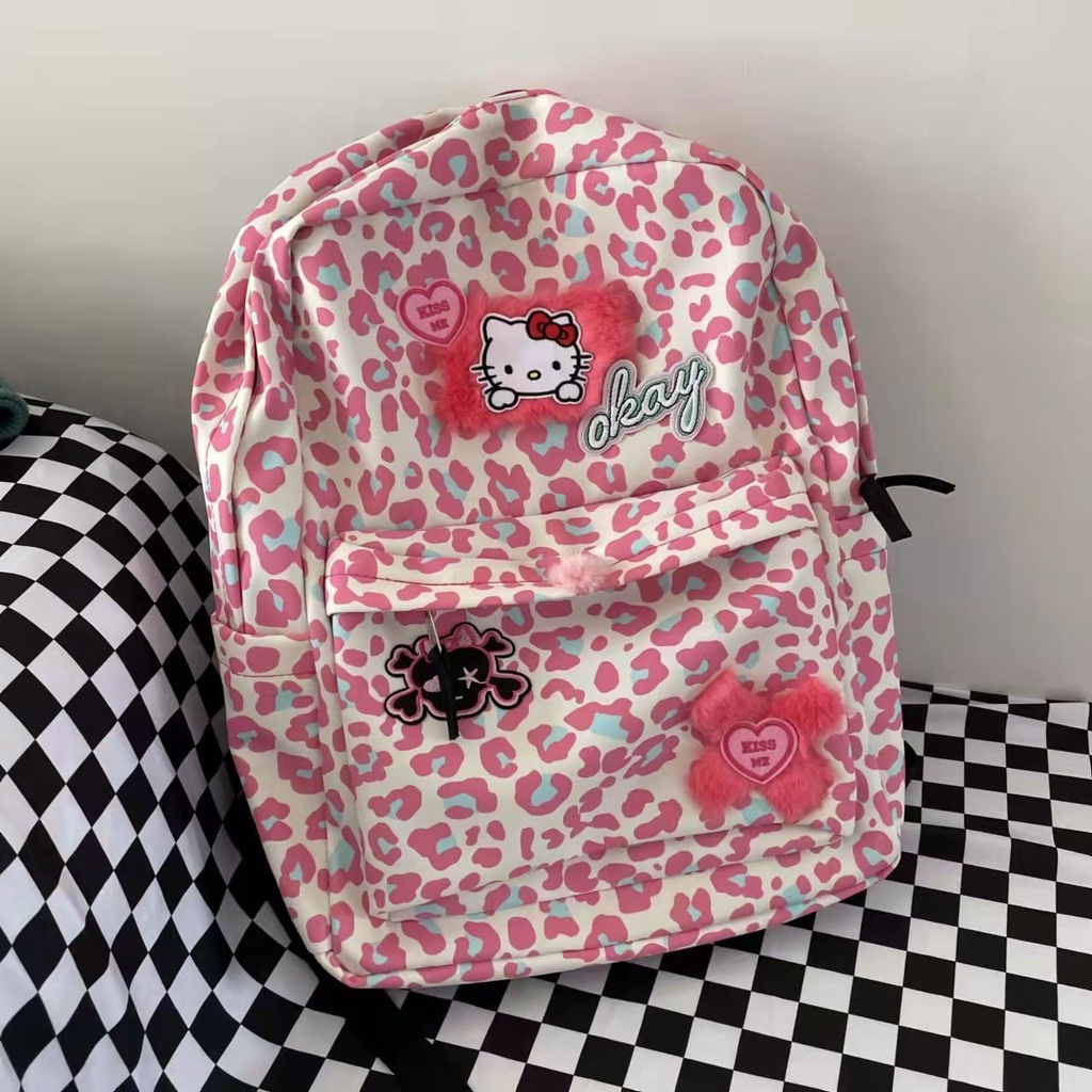 Sera Asli Y2K Milenial Lucu KTM Ransel Pink Leopard Cetak Tas Sekolah Niche Kartun Anime Ritsleting Ransel Kasual