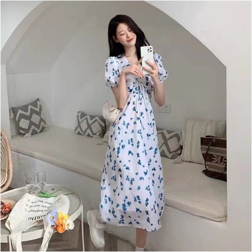 White Dress Blue Floral Midi Dress with Ruched Bodice - Dress Casual Kasual / Korean Dress Korea Fas