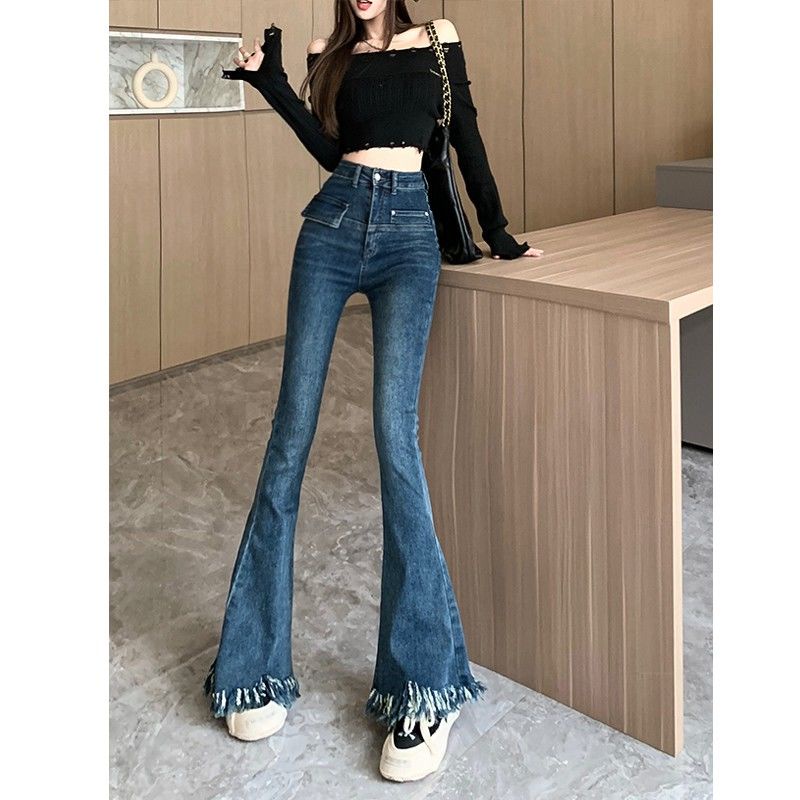 Suhao high-waisted fringed sedikit flared jeans wanita slim fit dan high flared pants desain musim gugur dan musim dingin ditambah velvet mopping pants