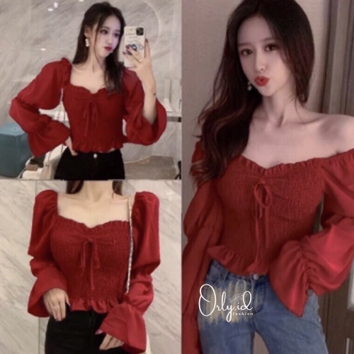 S-XXXXL BAFERLY Baju sabrina Baju Atasan Sabrina Wanita Jumbo Crop Top Korean Style Blouse Lengan Pa