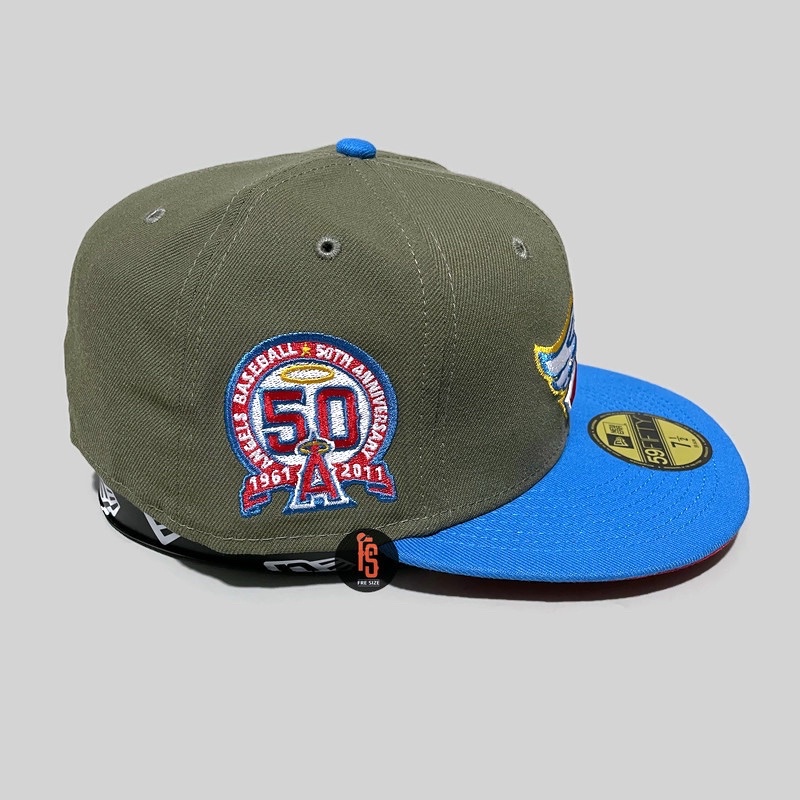 TOPI NEW ERA ORIGINAL 5950 50TH ANAHEIM ANGELS OLIVE SKYBLUE UV RED