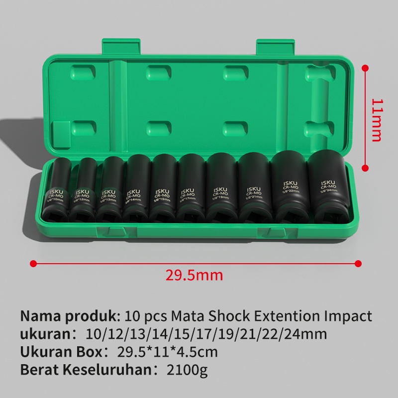 ISKU mata sok impact full set 10pcs 1/2 inch/mata kunci shock impact Panjang cr-mo 8 10 12 14 16 18 20 22 mm