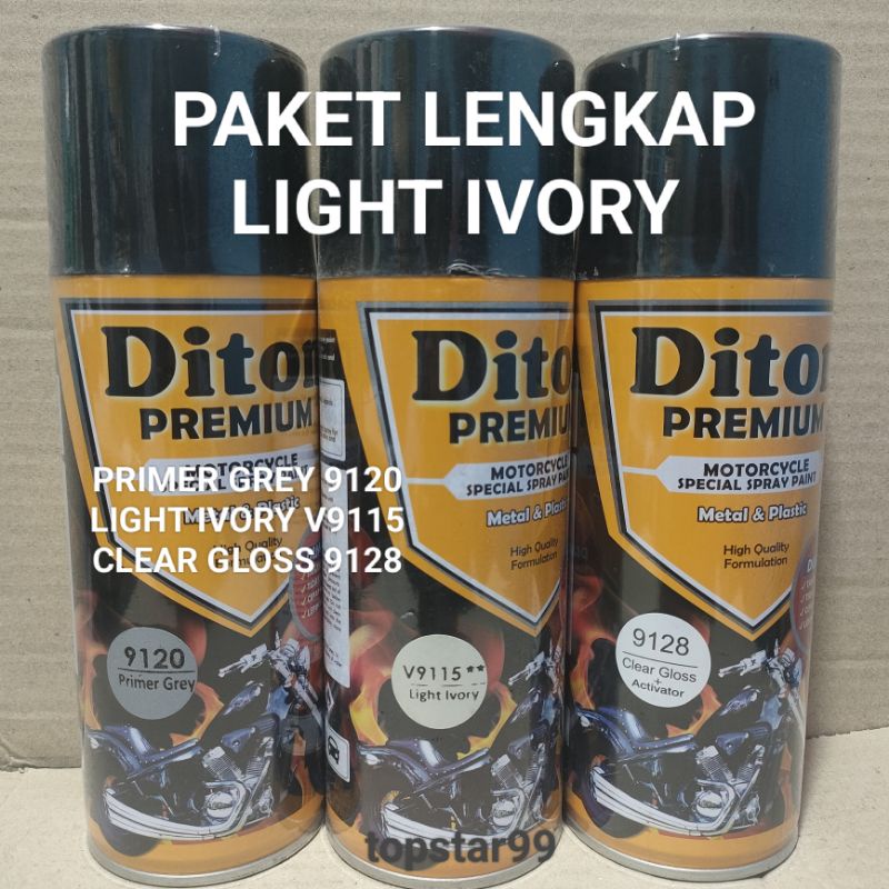 Pilok Cat Diton Premium Paket Lengkap 3 Kaleng Light Ivory Putih Gading  9115 Primer Grey Epoxy 9120 Clear Glossy 9128 400cc Pilox Paketan Cat Semprot Special Spray Paint