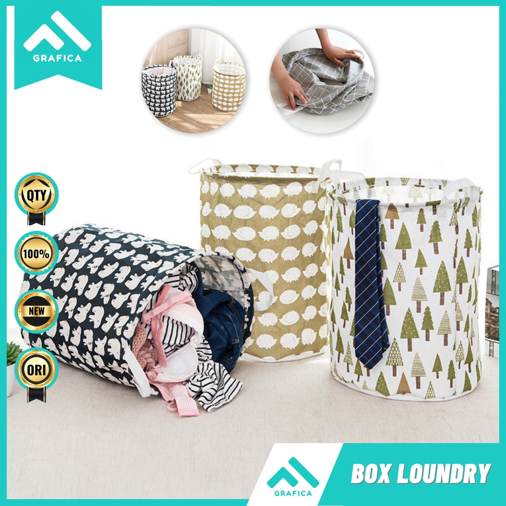 KERANJANG TEMPAT BOX BAJU LAUNDRY PAKAIAN KOTOR BAJU KOTOR LIPAT BULAT MOTIF GANTUNG DINDING WADAH C