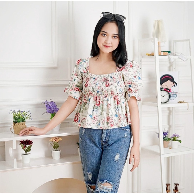 Tq88indonesia Fashion Baju Atasan Wanita Motif Bunga Terbaru / CHUYA BABYDOLL SMOCK SWEET TOP / Blouse Casual / Blus Floral Lengan Pendek