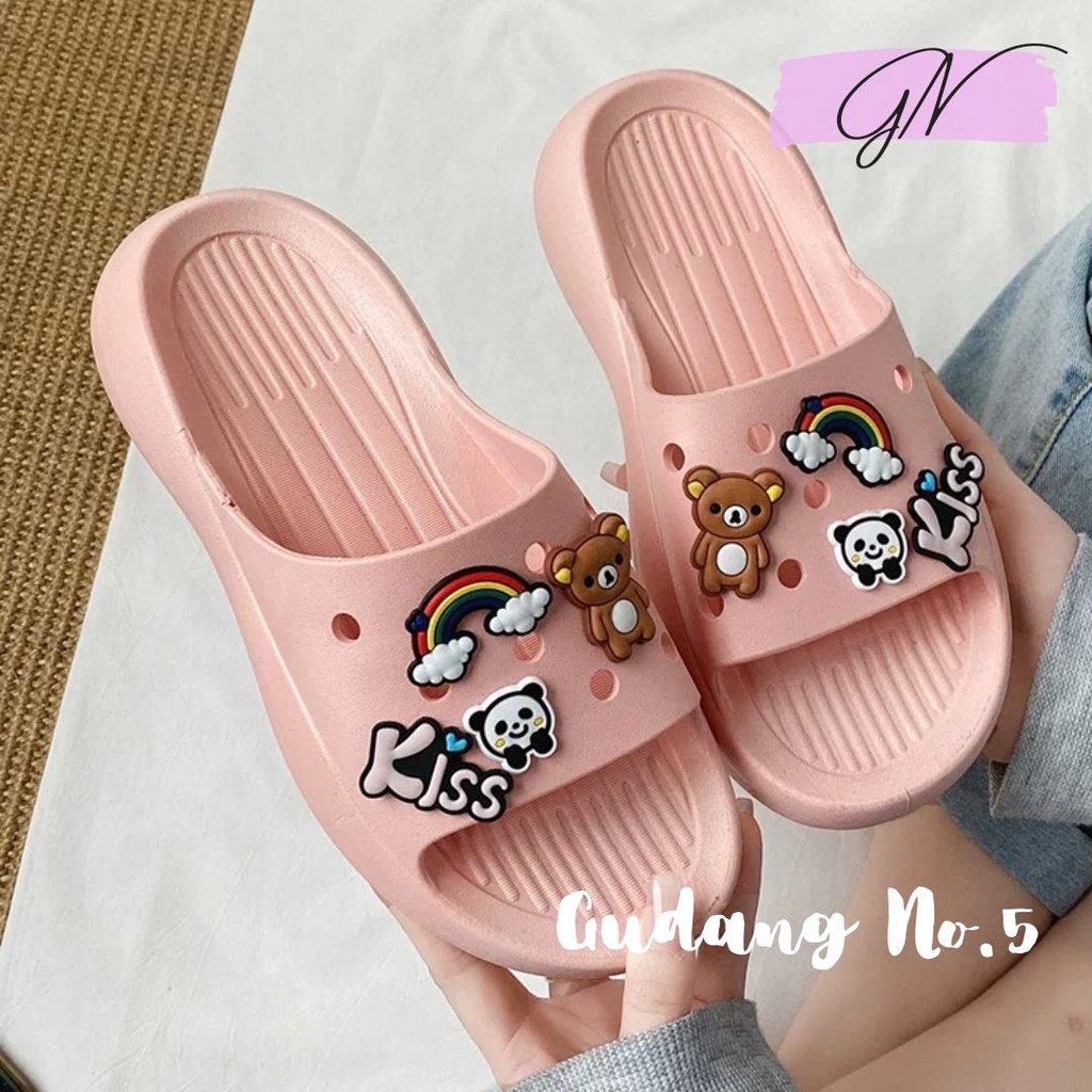 GN-2022 Sandal Selop Jelly Wedges Wanita Import Balens Dengan Jibbitz PVC