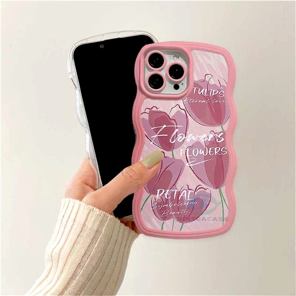 Oppo A17 A77S A57 2022 A15 A16 A16K A54 A53 A12 A5S A7 A3S A11k A31 A52 A92 A94 A93 A37 F9 A1K A76 Pink Hati Tulip Tepi Melengkung Casing Handphone TPU Binteacase