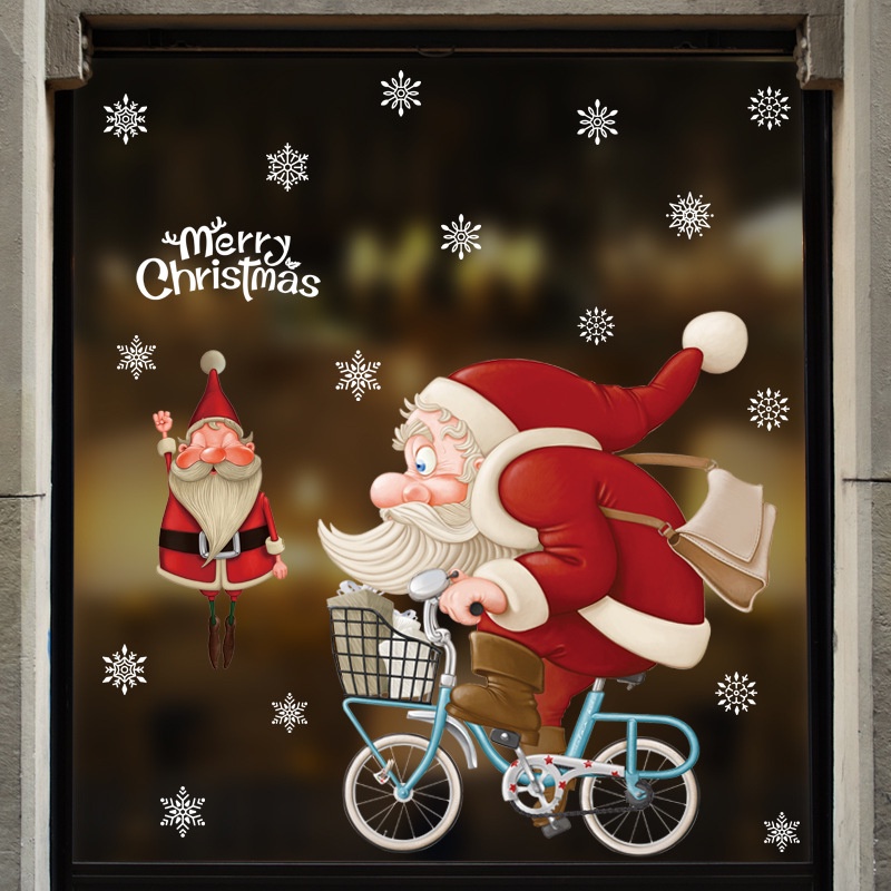 Stiker Dinding Jendela Desain Santa Claus Snowflake Untuk Dekorasi Natal