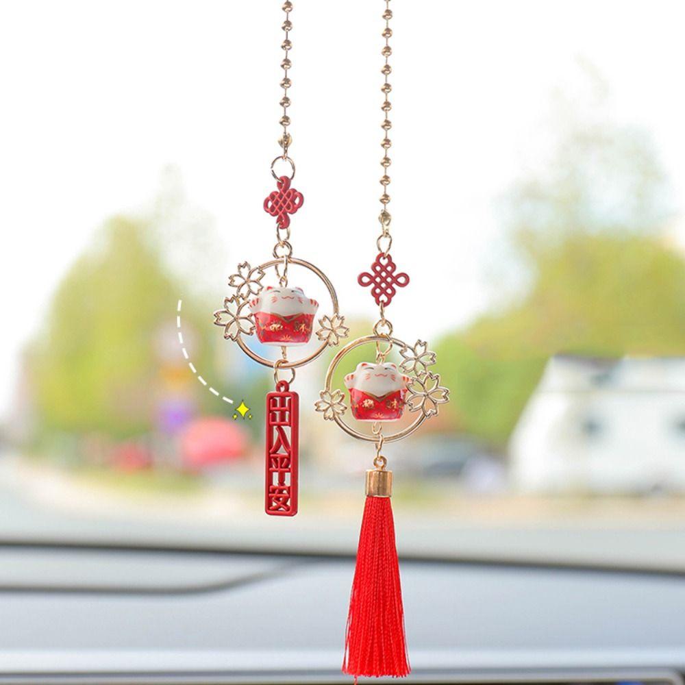 Augustina Lucky Cat Liontin Aksesoris Mobil Lucky Cat Gantung Ornamen Pernak Pernik DIY Kartun Kucing Keramik Mobil Spion Mobil Dekorasi Auto Spion Pendant