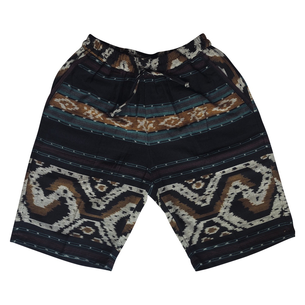 celana pendek pria motif kain tenun - hitam kuning hijau