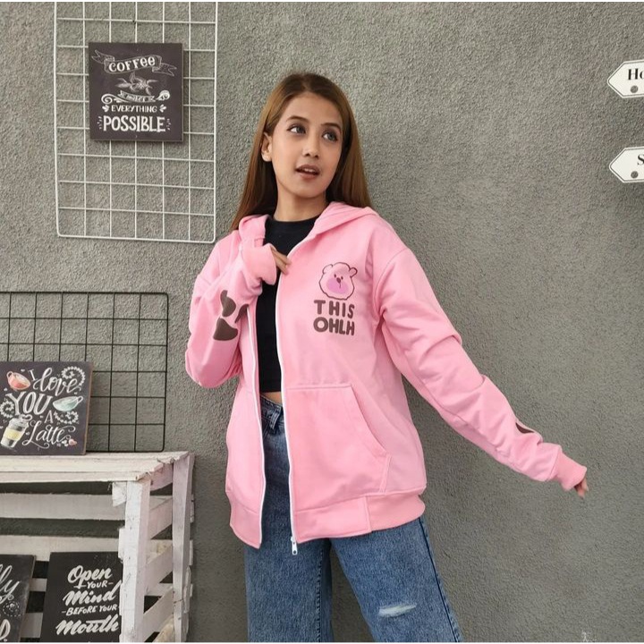 Jacket Zipper THIS OHLH Hoodie Oversize Wanita Motif Lucu Fashion Terkini Kasual OOTD Korean Fashion Girly