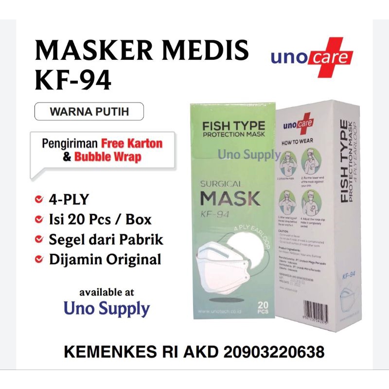 Masker kf94 KF 94 4Ply 4 ply Masker Medis UnoCare 3D Kemenkes  isi 20 pcs - Putih