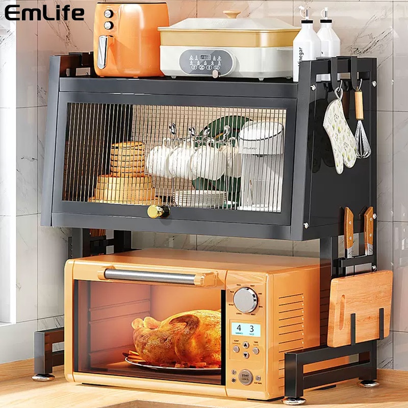 Lemari Microwave dengan Pintu Rak Kabinet Dapur Rak Oven Rak Penyimpanan Piring Dapur