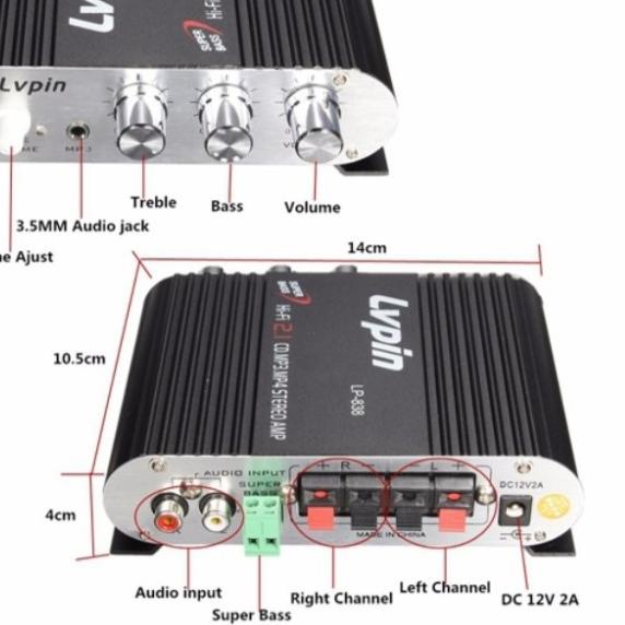 LVPIN MINI HIFI STEREO AMPLIFIER TREABLE BASS BOSTER 12V-LP838 - LVPIN L-838