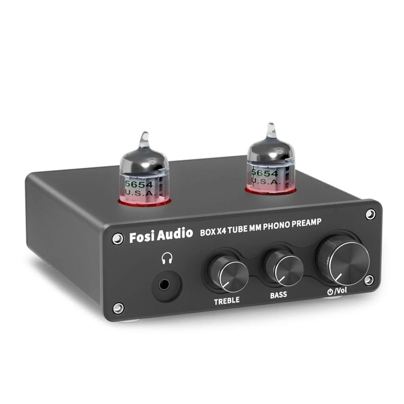 Fosi Audio Phono Preamp &amp; Headphone Amplifier with JAN 5654W Vacuum Tubes for MM Turntable Phonograph Preamplifier - Box X4 - Black