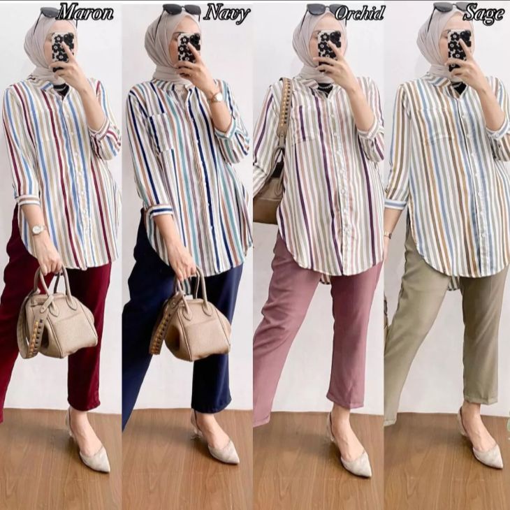 SETELAN KEMEJA SALUR PELANGI BAHAN SYAKILA OVERSIZE WANITA VIRAL LENGAN PANJANG IMPORT ZARA PREMIUM