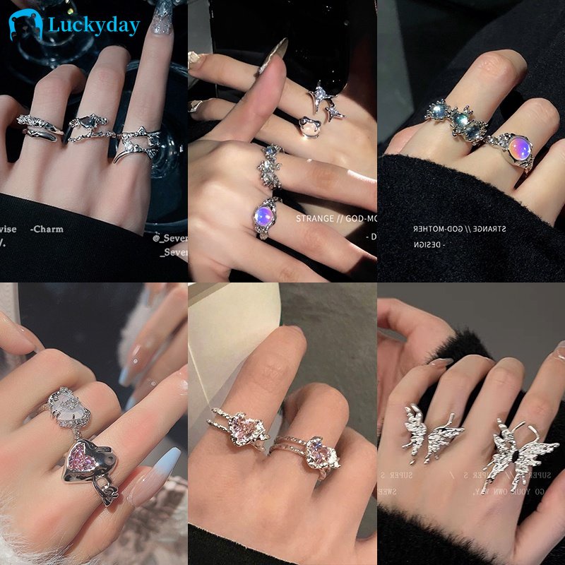 YEEZII Set Cincin Desain Kupu-Kupu Hati Aksen Batu Permata Opal Mutiara Bahan Resin Untuk Wanita