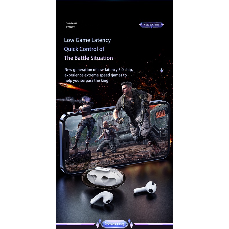 pisen e-sport TWS earbuds gaming earphone True Wireless Earphone  Insulasi suara kualitas suara in-ear fidelity dan pengurangan kebisingan(Born for gaming)