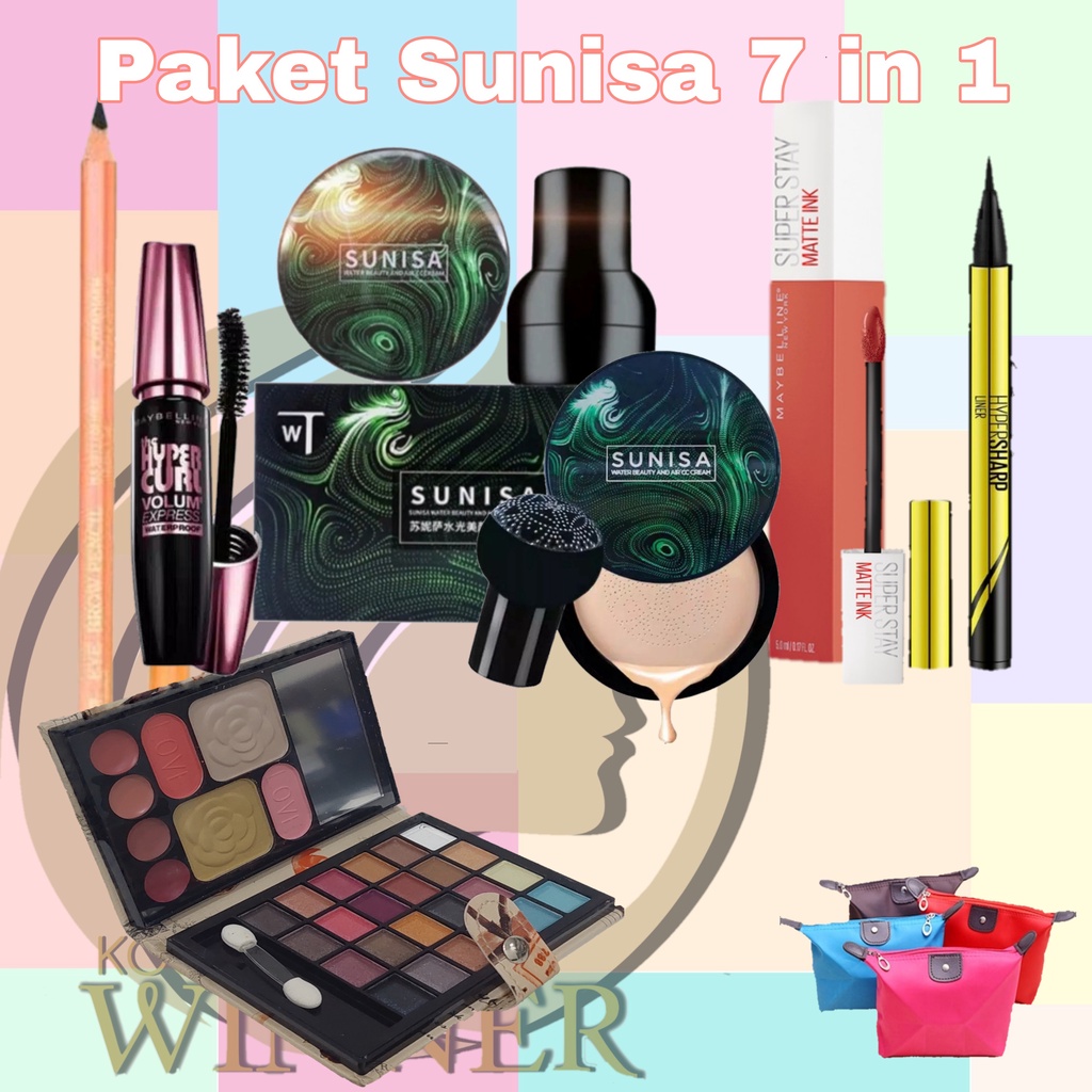 Paket Makeup Sunisa 7 in 1 Hemat - Sunisa Mashroom - Eyeshadow Besar - Lipcream Maybelline Matte Ink - Eyeliner Spidol - Mascara - Pensil Alis