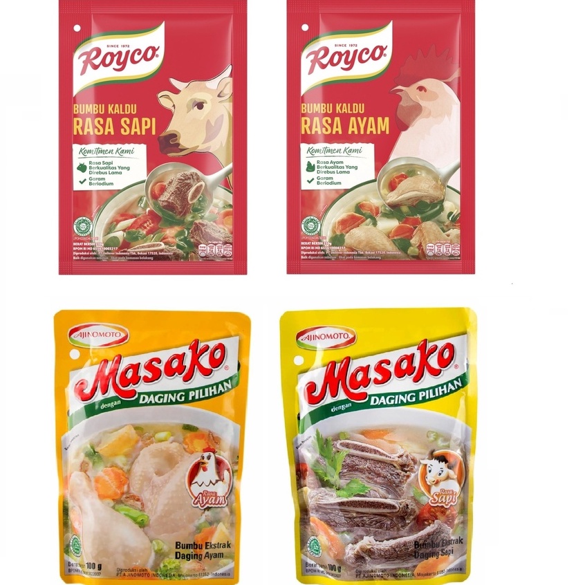 

Bumbu masak instant masako kemasan 100 gr royco kemasan 94 grkaldu sapi dan kaldu ayam