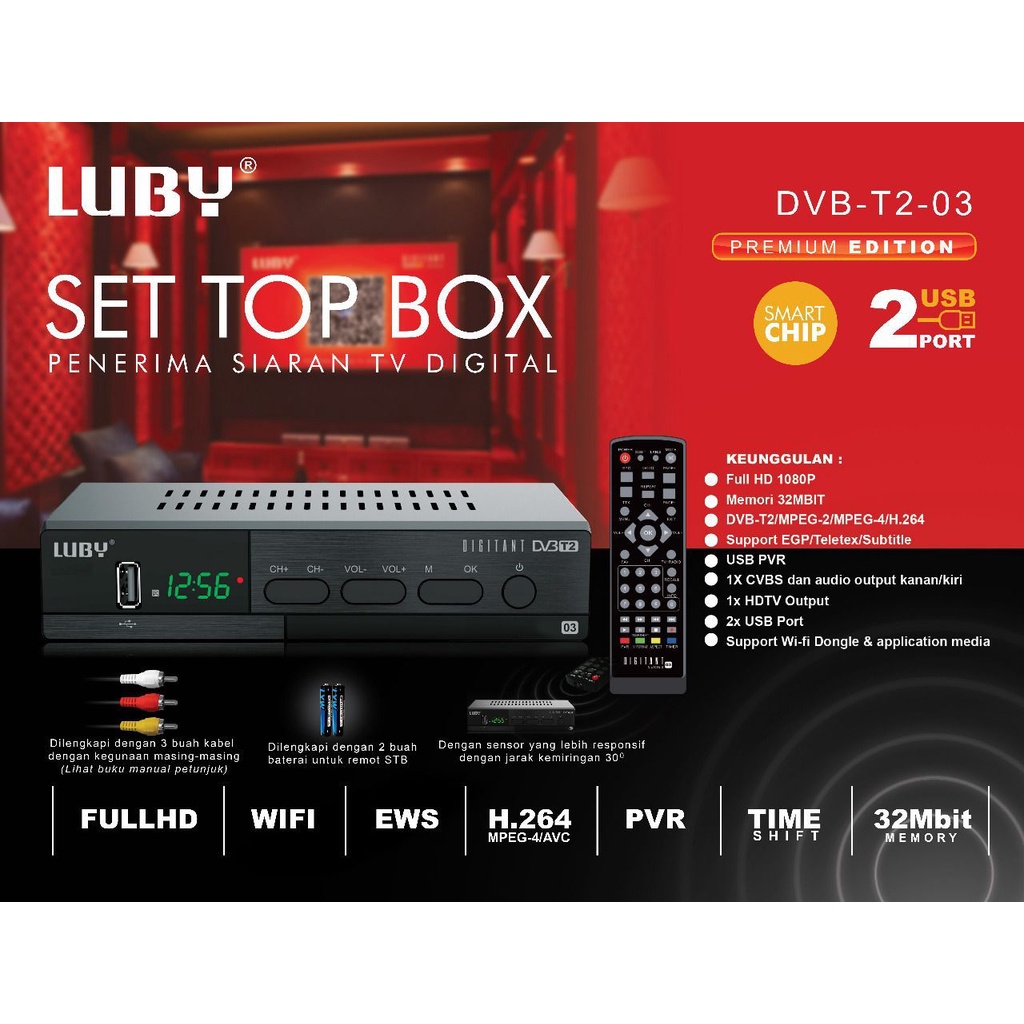 Luby Set Top Box Luby Merah DVB T2 Receiver TV STB Digital DVB T2-03 Dual USB