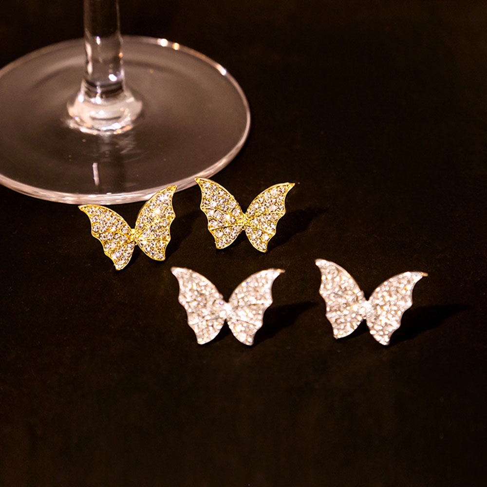 Anting Stud Kristal Bentuk Kupu-Kupu Warna Emas Silver Untuk Wanita