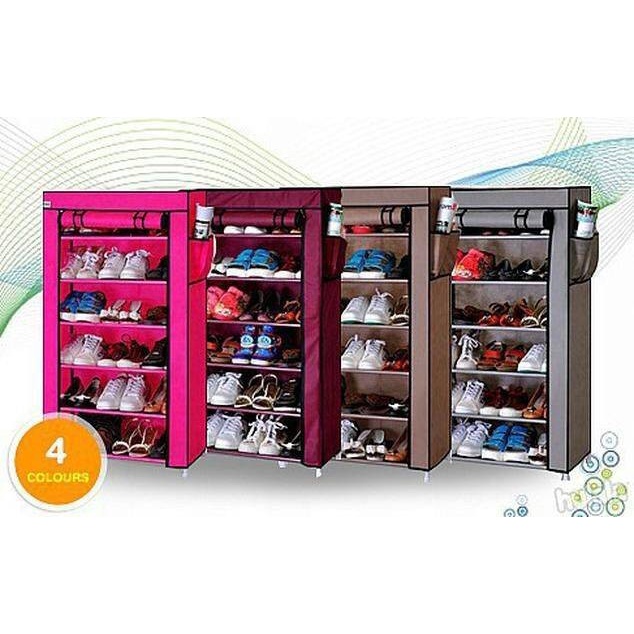 Rak Sepatu Susun Rak Sendal 7 Tingkat Rangka Besi Shoe Rack Dust Cover - Abu-abu