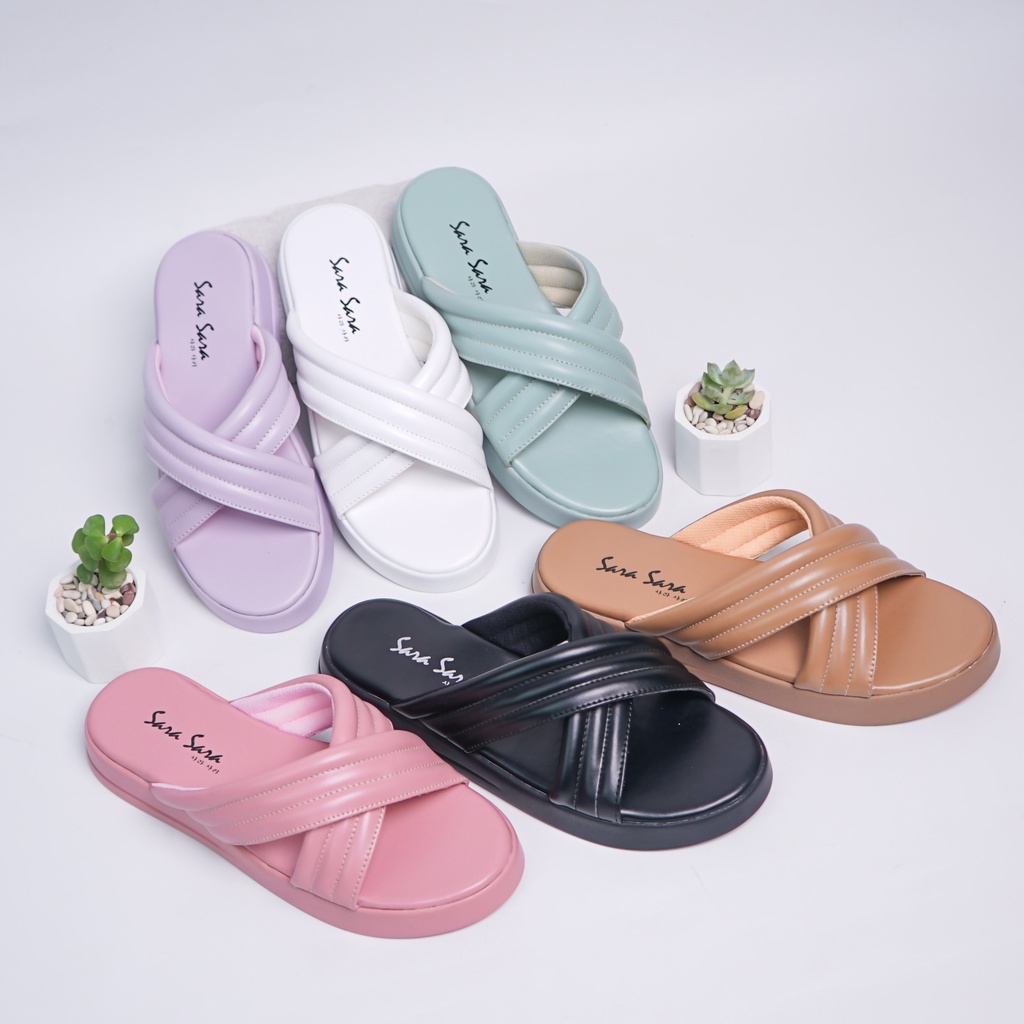 SARASARA YUK - Sandal Wanita Alas Sol Tebal Tinggi SARA SARA DORA ALL COLOR Sendal Cewek Platform Wedges Kondangan Hak 2cm Silang 2 Size 36 37 38 39 40 Jalan Casual Santai Rumah Slop Warna Hitam Selop Original Kekinian Terbaru Shoes Mall Official Store