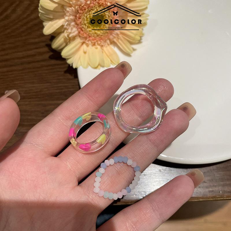 COD❤️3PCS/SET Cincin Polos Resin Sederhana  Cincin Mutiara  Premium Niche Wanita  Set Ring Akrilik Fashion Accessories Murah Wanita