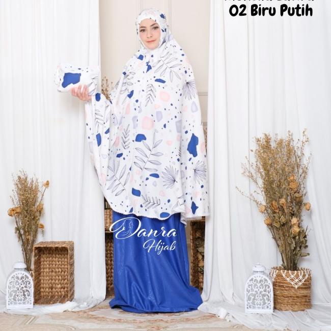 New Mukena Zafira 02 Biru Putih Shabby Chic Katun Adem Danra Hijab