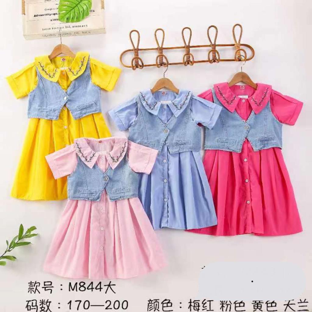 Set Dress Anak Perempuan Motif Polos Rompi Jeans 8 - 11 Tahun
