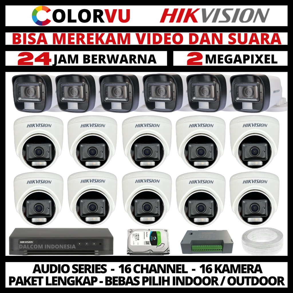 PAKET CCTV HIKVISION COLORVU 2MP 16 CHANNEL 16 KAMERA COLORFUL