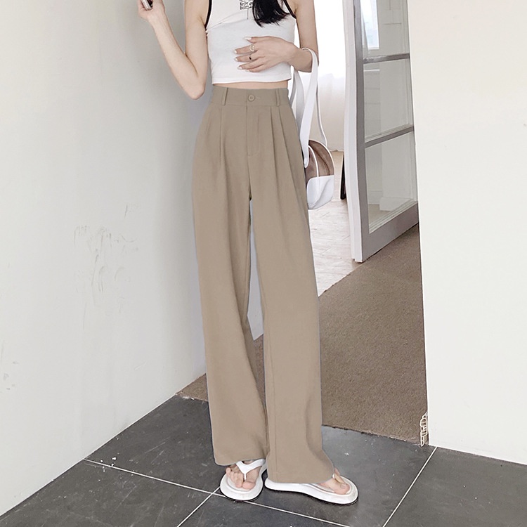 High Waist Drape Simple Longgar Lurus Kasual Celana Untuk Wanita 3 Warna