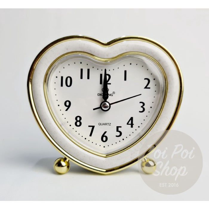 

Jam Alarm Weker Meja List Emas Gold Bentuk Hati Love Analog Desk Clock - Putih