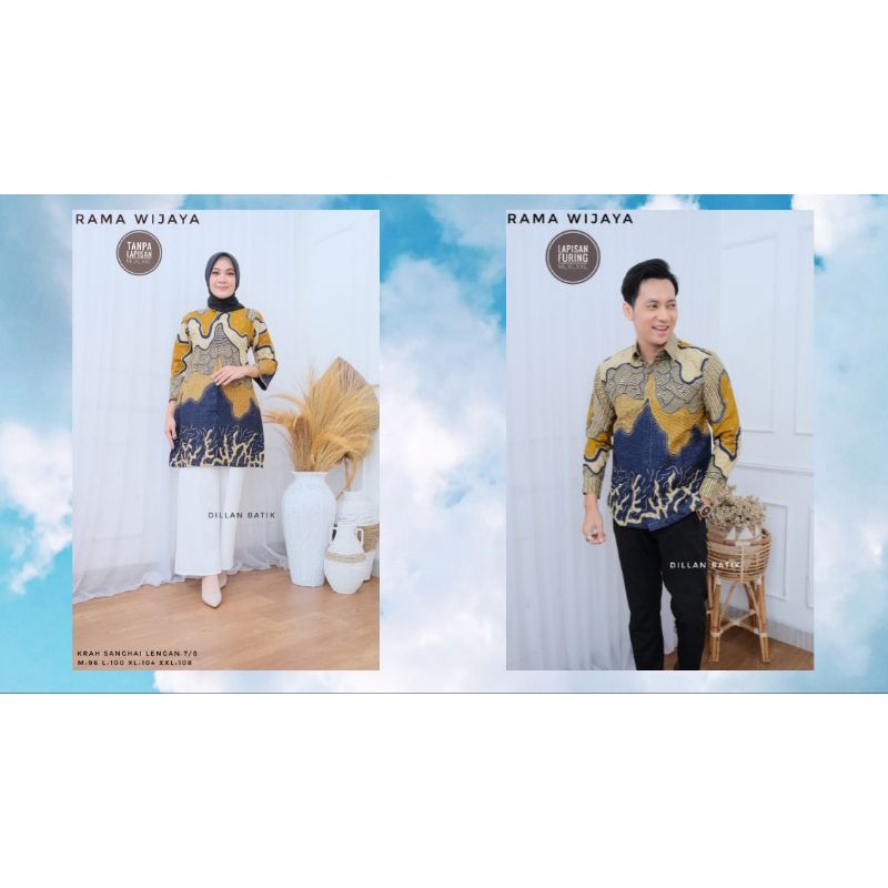 COUPLE BATIK RAMA WIJAYA BATIK SARIMBIT COUPLE , ATASAN TUNIK BATIK WANITA , KEMEJA BATIK PRIA LENGA