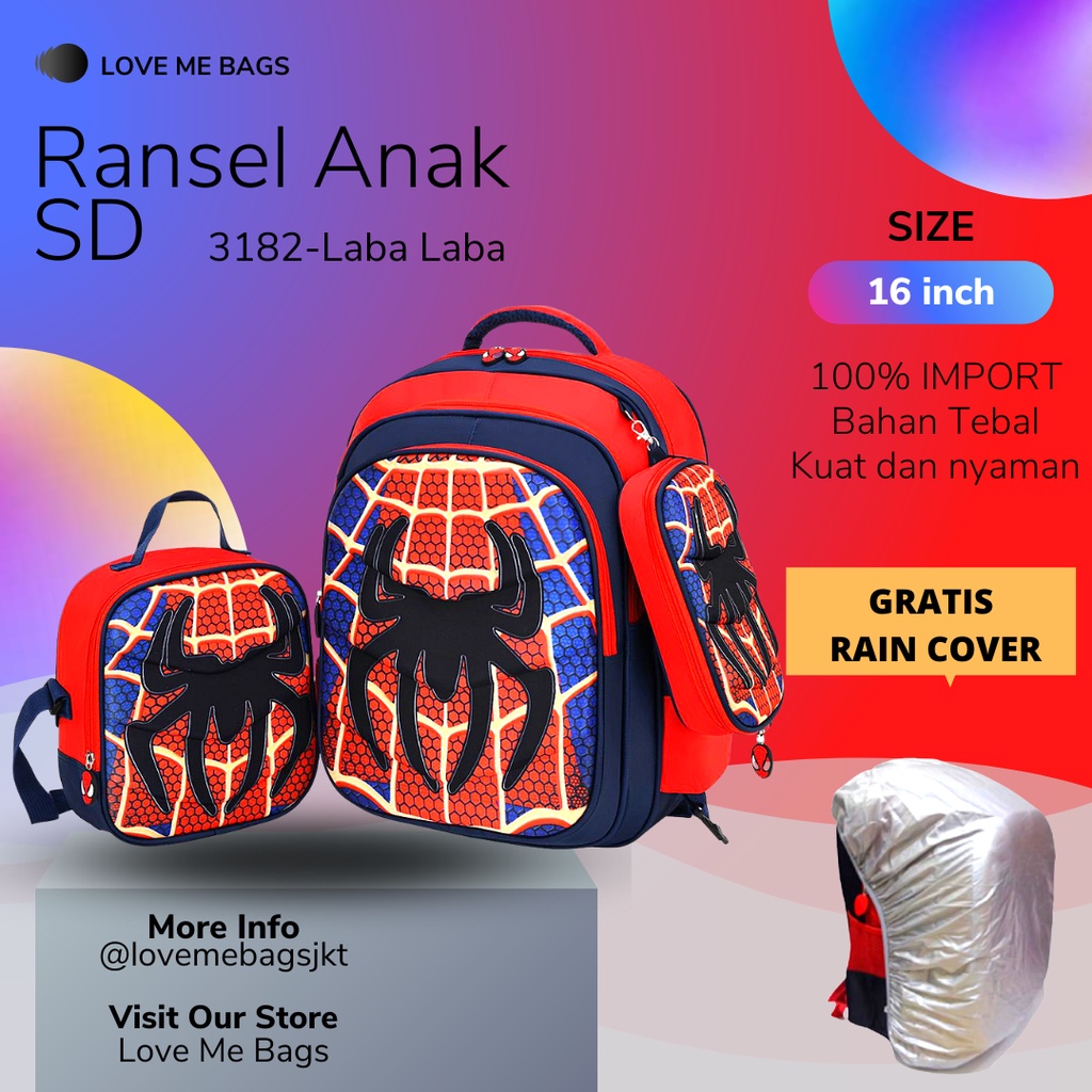 LMB Tas Sekolah Anak Laki Laki SD Import Set 3in1 Bahan Nilon Premium Bagian Depan Timbul 6D Tebal Dan Kuat