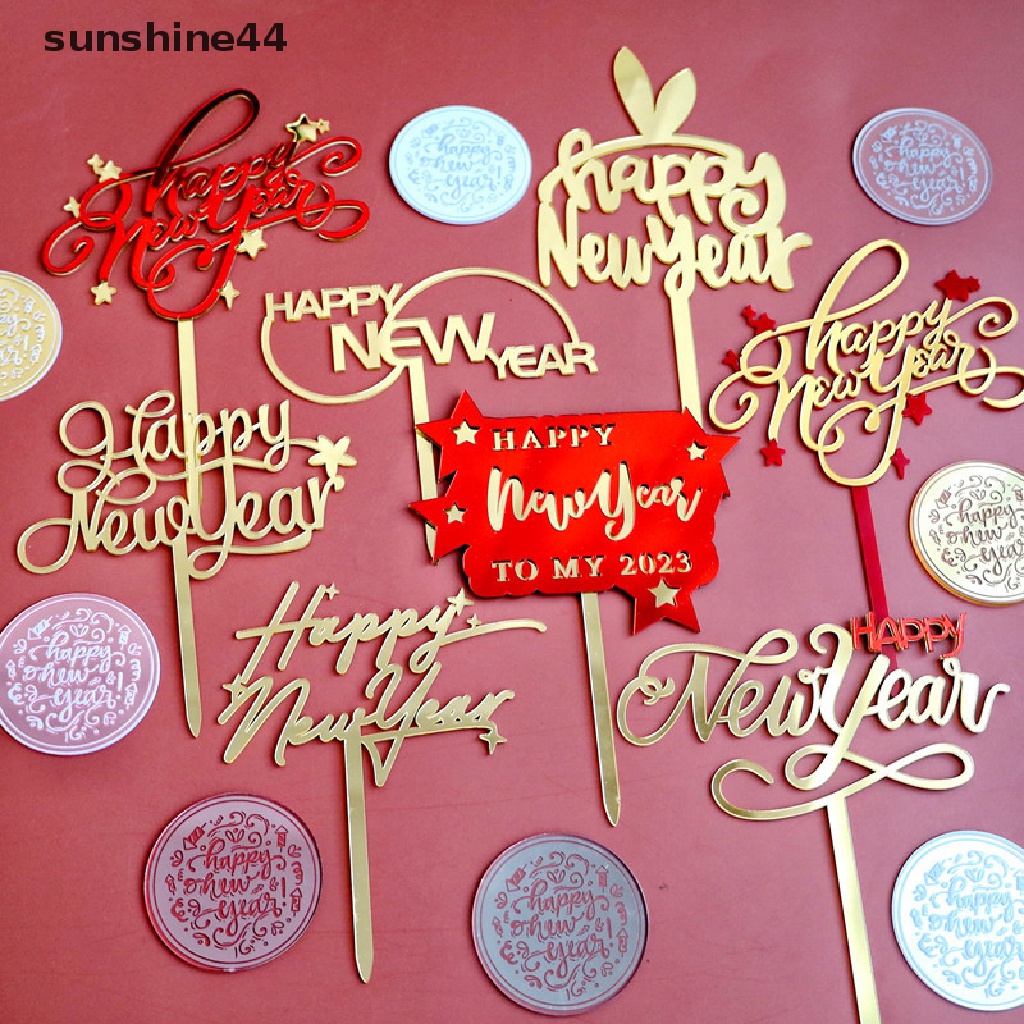 Sunshine Topper Kue Desain Happy New Year Bahan Akrilik Untuk Dekorasi Pesta Tahun Baru 2023