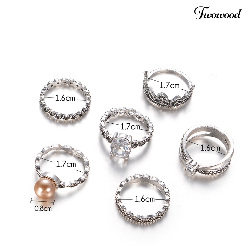 6 Pcs Cincin Knuckle Midi Bentuk Mahkota Aksen Mutiara Imitasi Bahan Zirkon Gaya Retro Untuk Wanita