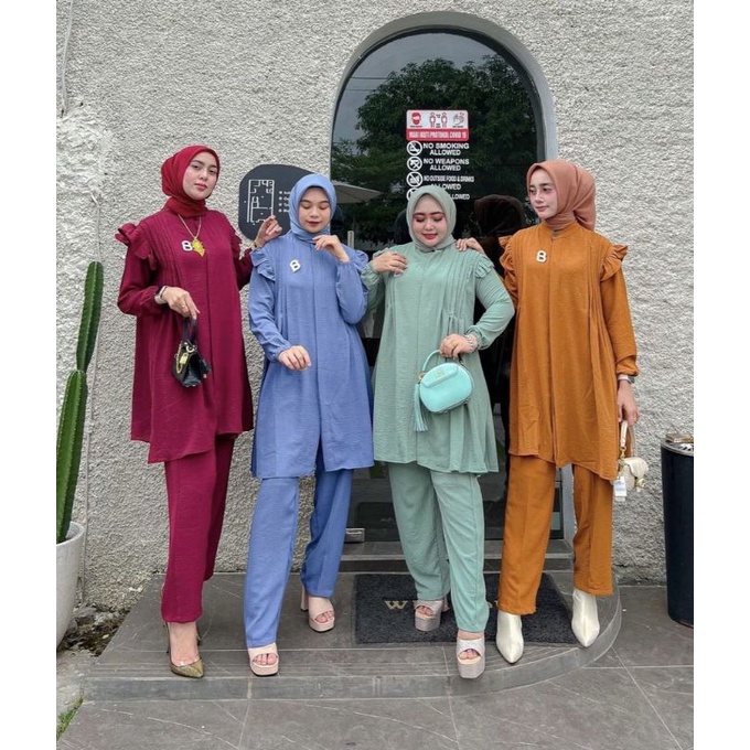 [BISA COD] ONE SET SETELAN WANITA OVERSIZE LONG SHIRT TUNIK KEMEJA LD 125CM BLOUSE RAMPEL RUFFLE KAN