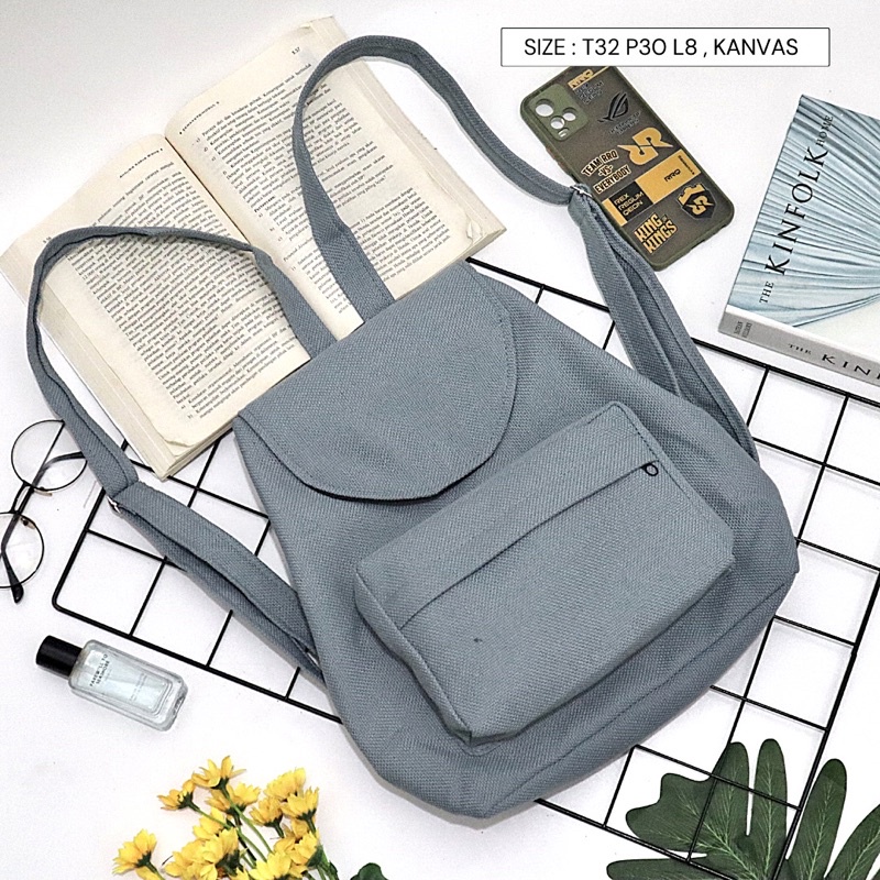 Bayar di Tempat COD Tas Ransel Serut Bahan Kanvas KANTONG Depan Ukuran Medium tas punggung wanita-Warna 714