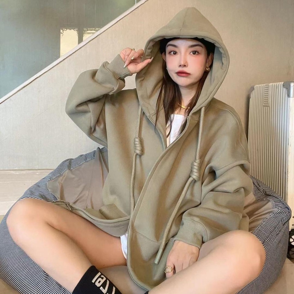 Musim gugur dan musim dingin baru oversize lazy wind hooded sweater drape loose plus beludru menebal kardigan jaket pasang wanita